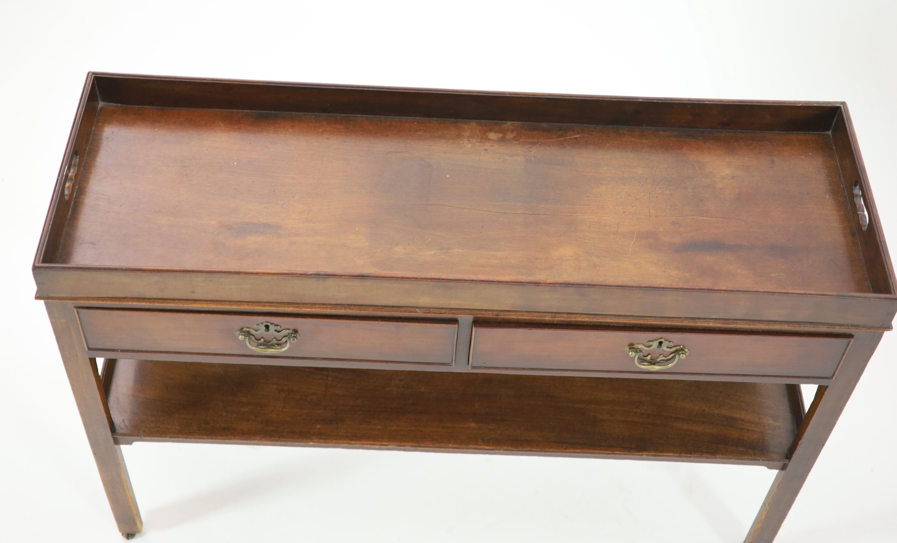 A George III mahogany tray top side table, W.115cm D.38cm H.79cm